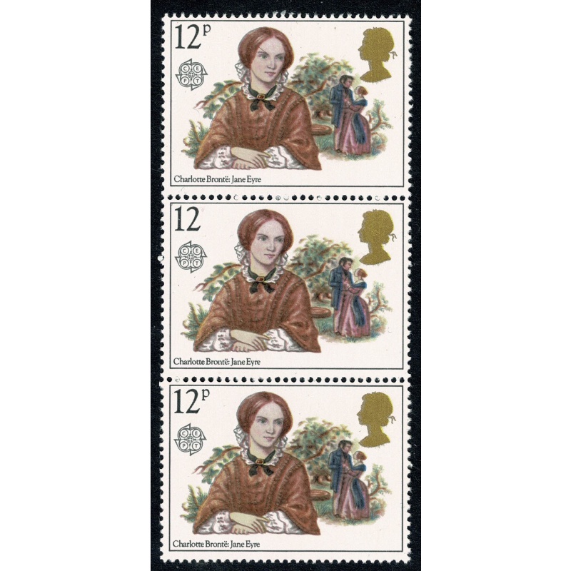 1980 Famous Authors. 12p value Missing "p" in strip of three. SG 1125Ea
