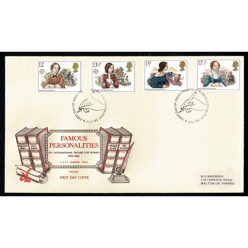 1980 Famous Authors. 12p value Missing "p" on FDC. Philatelic Bureau handstamp