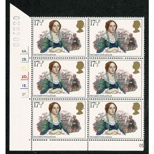 1980 Authoressess 17½p. Cyl. 4A 2B 1C 2D 1E 2F  Dot block of six SG 1128