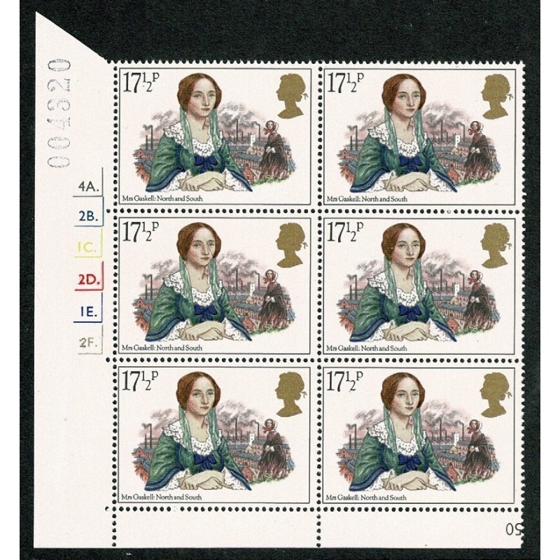 1980 Authoressess 17½p. Cyl. 4A 2B 1C 2D 1E 2F  Dot block of six SG 1128