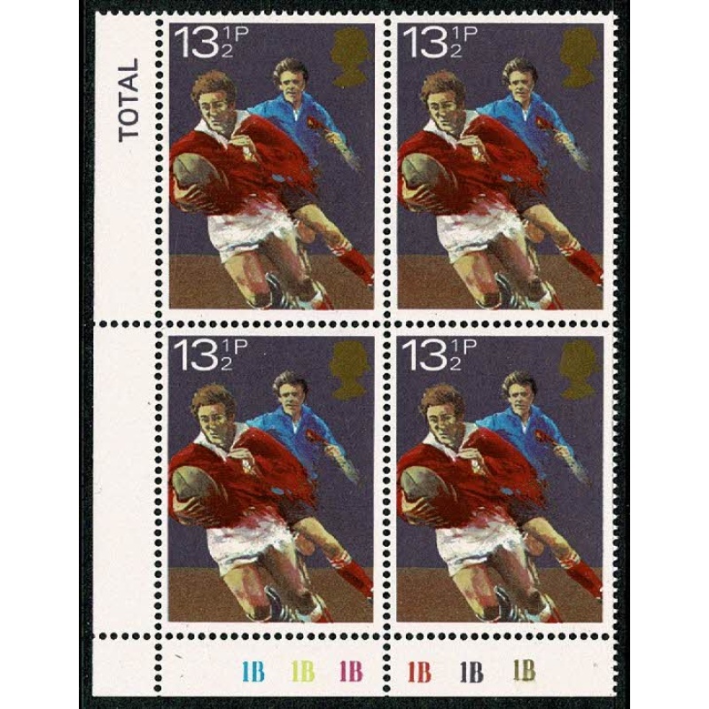 1980 Sports 13½p. Plate 1B1B1B1B1B1B block of four.