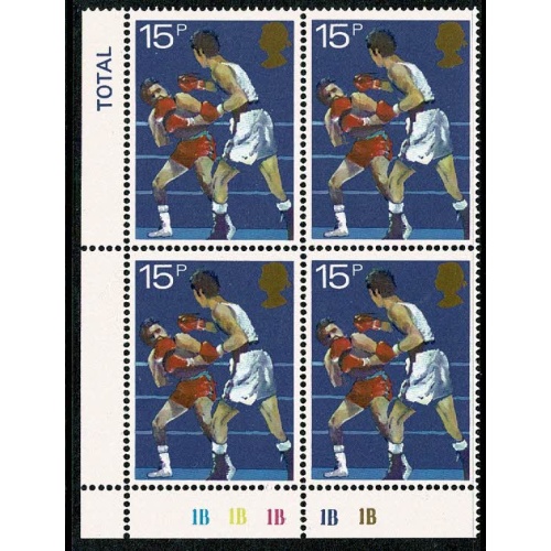 1980 Sports 15p. Plate 1B1B1B1B1B block of four.