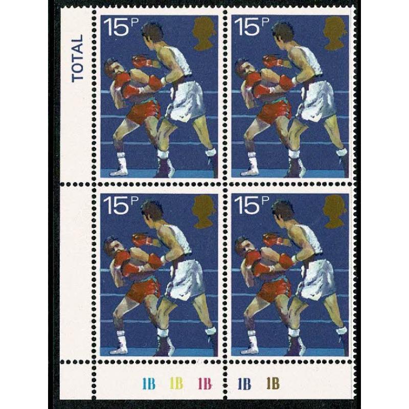 1980 Sports 15p. Plate 1B1B1B1B1B block of four.