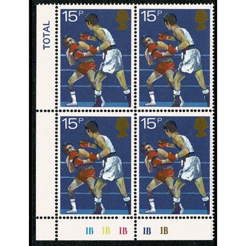 1980 Sports 15p. Plate 1B1B1B1B1B block of four.