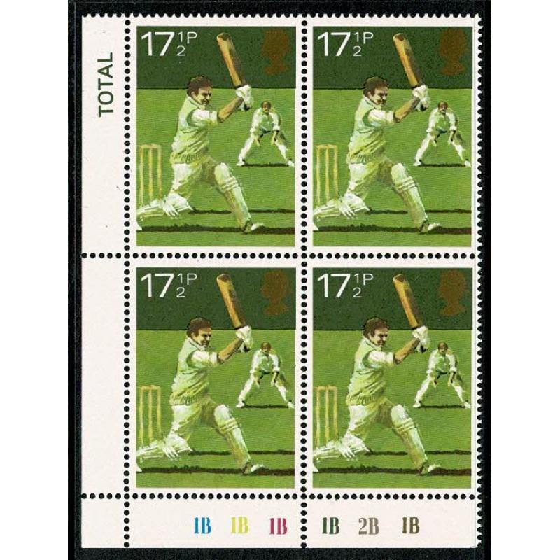 1980 Sports 17½p. Plate 1B1B1B1B2B1B block of four.