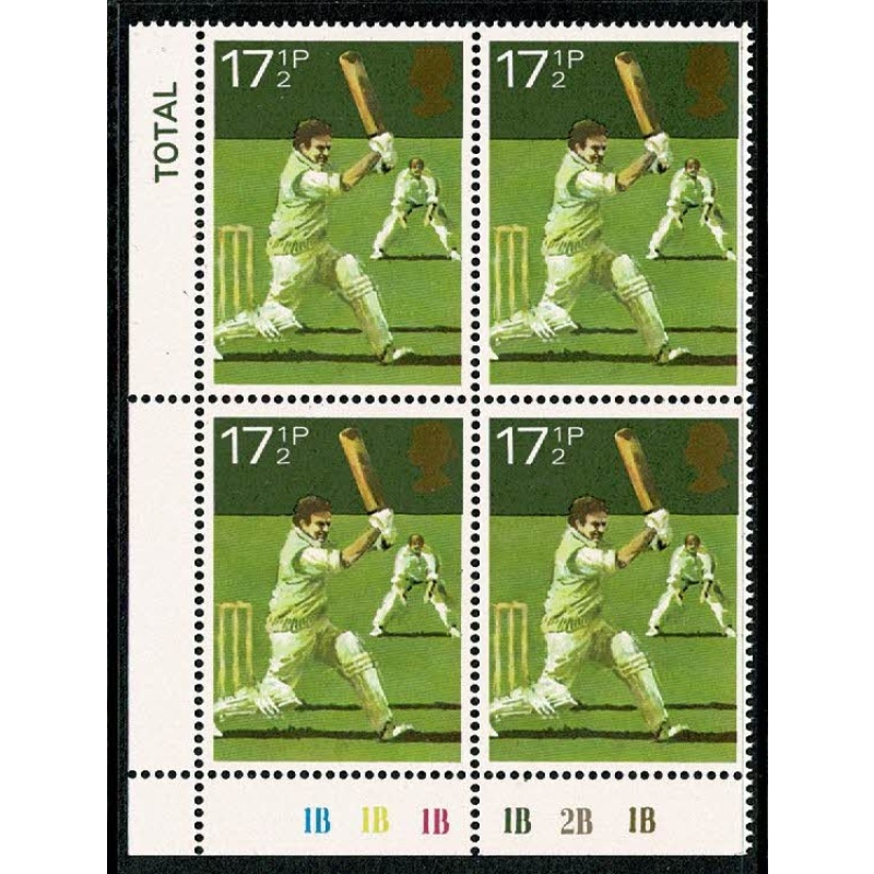 1980 Sports 17½p. Plate 1B1B1B1B2B1B block of four.
