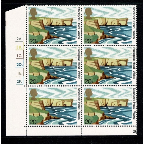 1981 National Trust 20p Cyl. 2A 2B 1C 2D 1E 2F dot block of six. SG 1157