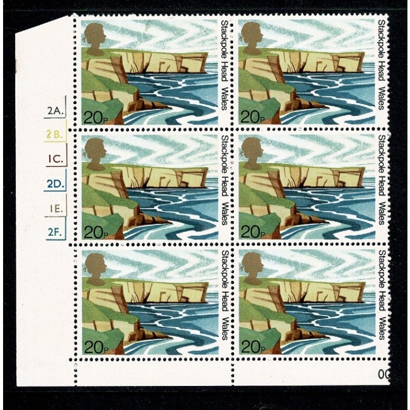 1981 National Trust 20p Cyl. 2A 2B 1C 2D 1E 2F dot block of six. SG 1157