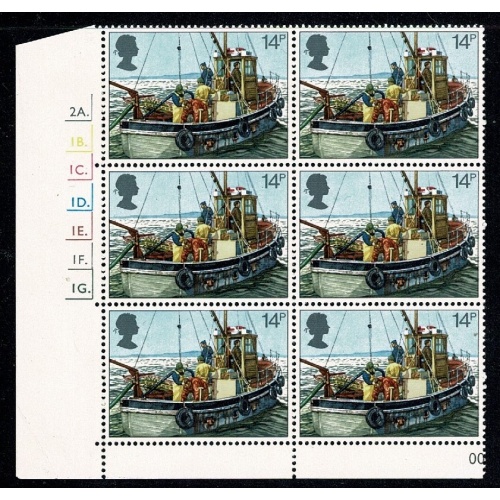1981 Fishing 14p Cyl. 2A 1B 1C 1D 1E 1F 1G dot block of six. SG 1166