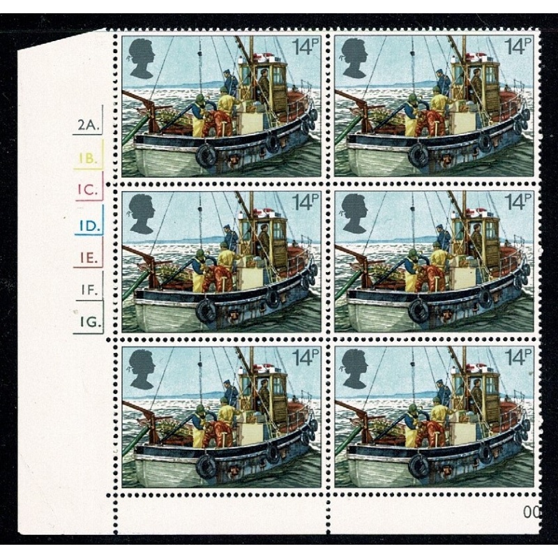 1981 Fishing 14p Cyl. 2A 1B 1C 1D 1E 1F 1G dot block of six. SG 1166