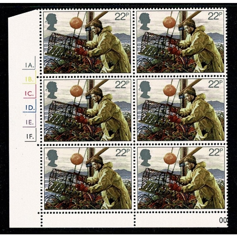 1981 Fishing 22p Cyl. 1A 1B 1C 1D 1E 1F  dot block of six. SG 1168