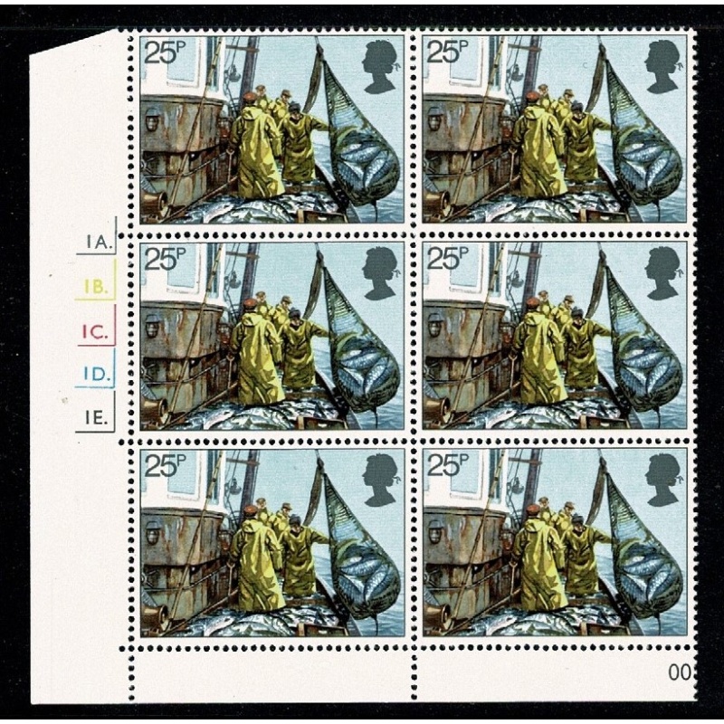 1981 Fishing 25p Cyl. 1A 1B 1C 1D 1E  dot block of six. SG 1169