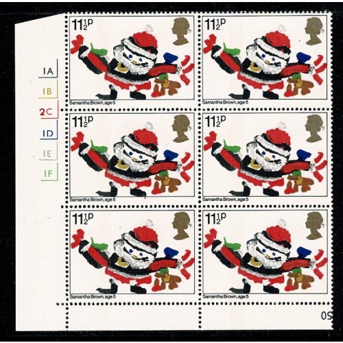 1981 Christmas 11½p Cyl. 1A 1B 2C 1D 1E 1F no dot block of six. SG 1170
