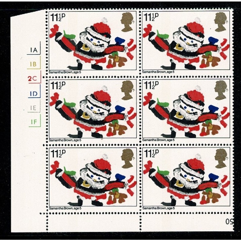1981 Christmas 11½p Cyl. 1A 1B 2C 1D 1E 1F no dot block of six. SG 1170