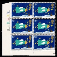 1981 Christmas 18p Cyl. 1A 2B 1C 3D 1E 1F no dot block of six. SG 1172