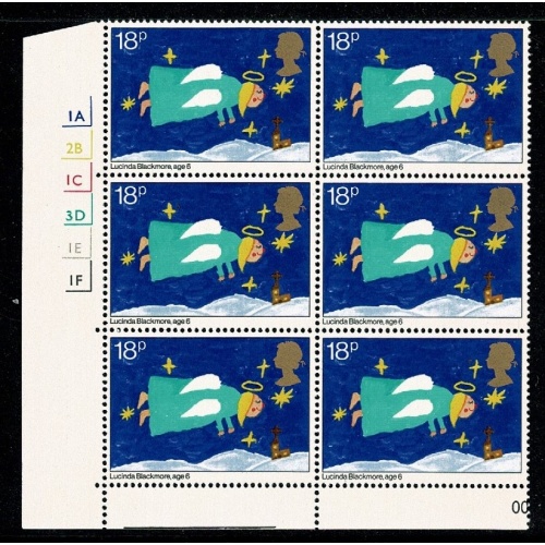 1981 Christmas 18p Cyl. 1A 2B 1C 3D 1E 1F no dot block of six. SG 1172