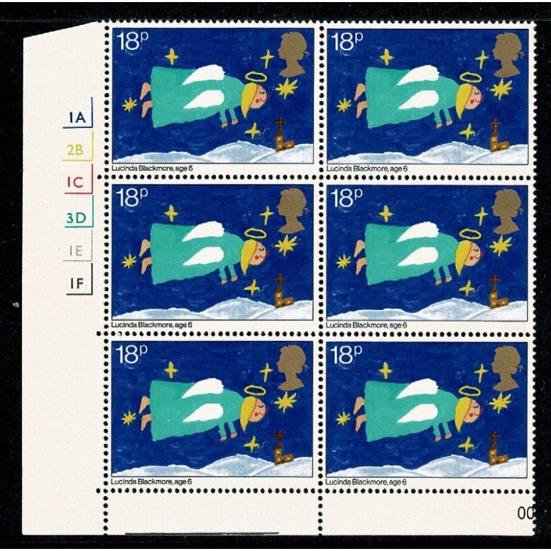 1981 Christmas 18p Cyl. 1A 2B 1C 3D 1E 1F no dot block of six. SG 1172