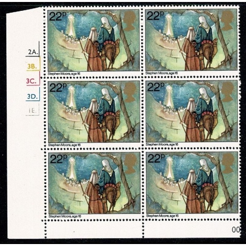 1981 Christmas 22p Cyl. 2A 3B 3C 3D 1E dot block of six. SG 1173
