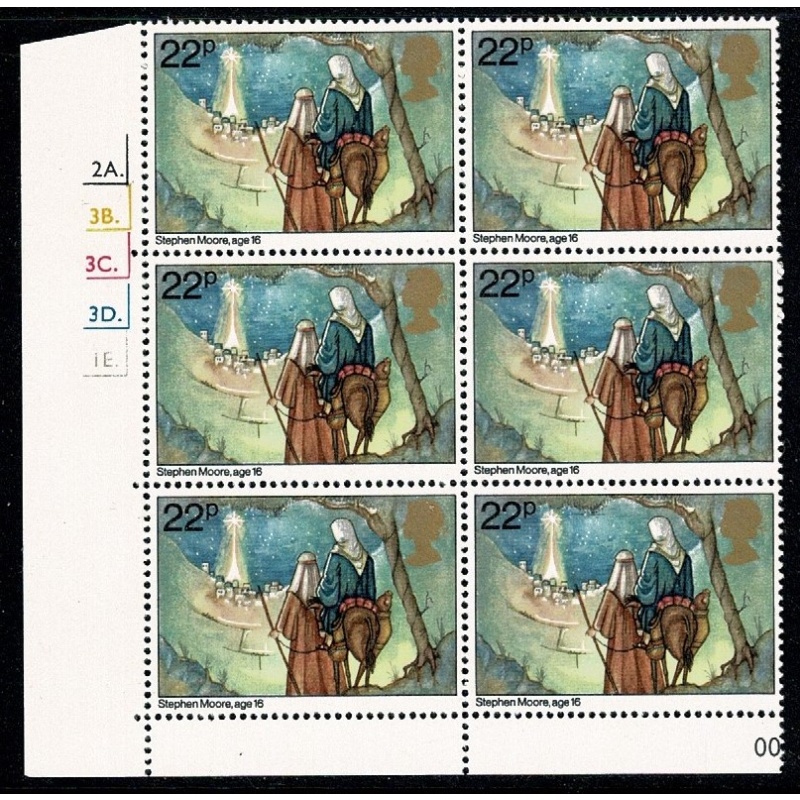 1981 Christmas 22p Cyl. 2A 3B 3C 3D 1E dot block of six. SG 1173