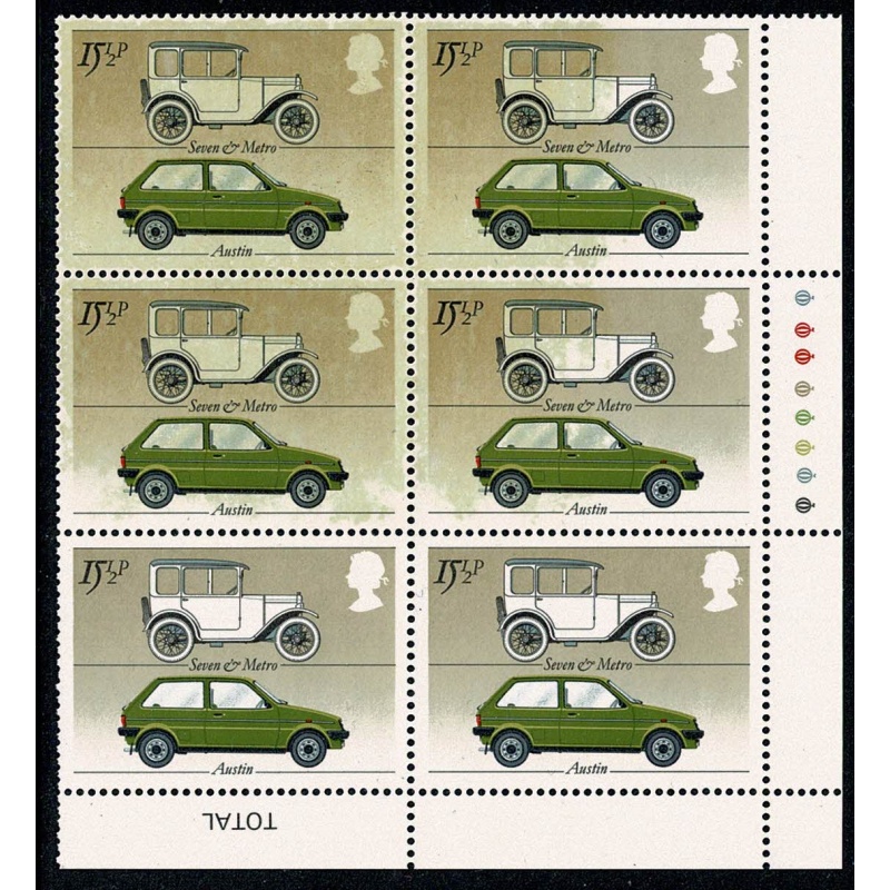 1982 Cars 15½p. LARGE INKING FLAW. Traffic Light block of six.