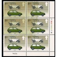 1982 Cars 15½p. SPECTACULAR LARGE INKING FLAW. Traffic Light block of six.