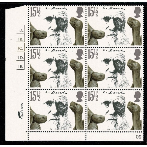 1982 Darwin  15½p Cyl. 1A 1B 1C 1D 1E dot block of six. SG 1175