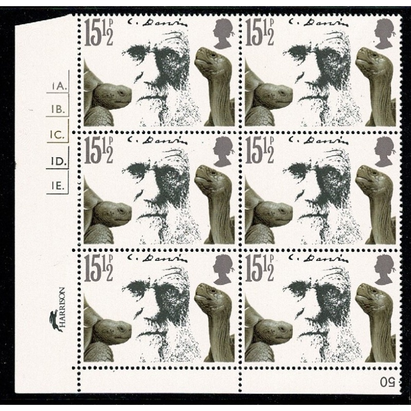 1982 Darwin  15½p Cyl. 1A 1B 1C 1D 1E dot block of six. SG 1175