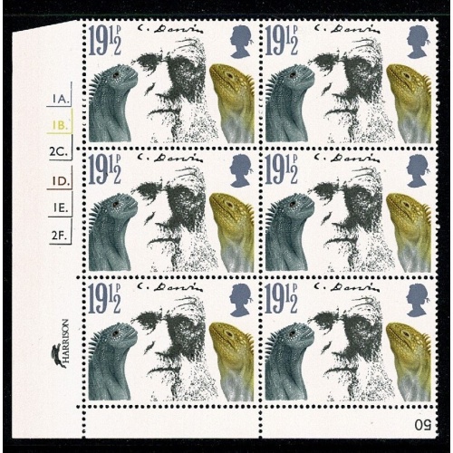 1982 Darwin  19½p Cyl. 1A 1B 2C 1D 1E 2F dot block of six. SG 1176
