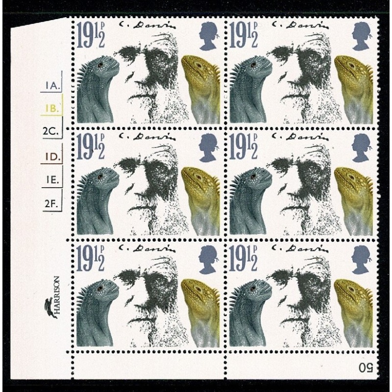 1982 Darwin  19½p Cyl. 1A 1B 2C 1D 1E 2F dot block of six. SG 1176