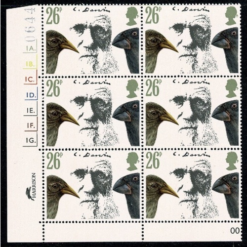 1982 Darwin  26p Cyl. 1A 1B 1C 1D 1E 1F 1G dot block of six. SG 1177