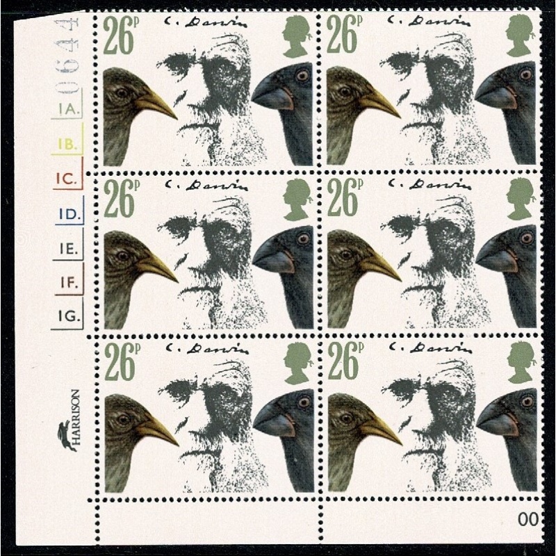 1982 Darwin  26p Cyl. 1A 1B 1C 1D 1E 1F 1G dot block of six. SG 1177
