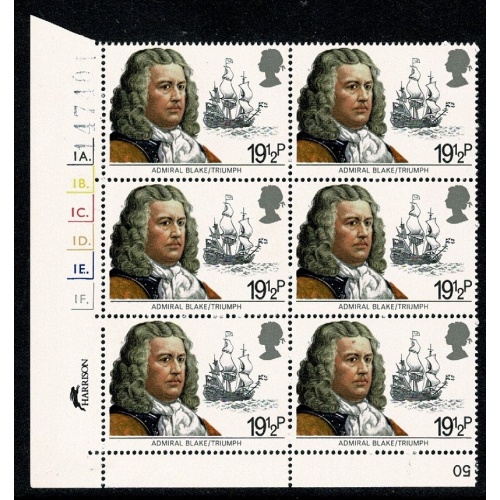 1982 Maritime Heritage 19½p. Cyl. 1A 1B 1C 1D 1E 1F dot block of six SG 1188