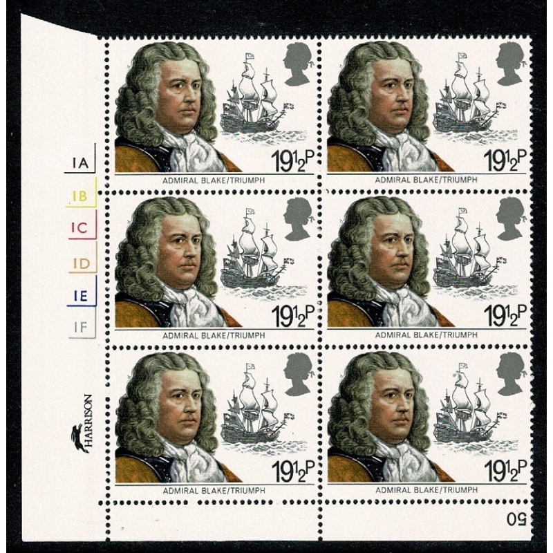 1982 Maritime Heritage 19½p. Cyl. 1A 1B 1C 1D 1E 1F  No Dot block of six SG 1188