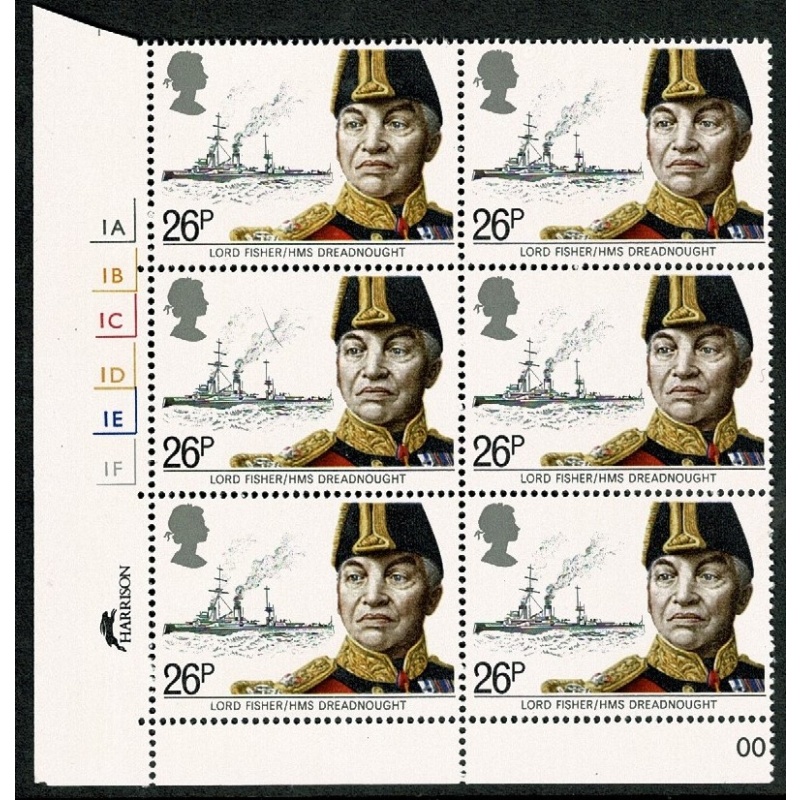 1982 Maritime Heritage 26p. Cyl. 1A 1B 1C 1D 1E 1F  No Dot block of six SG 1190