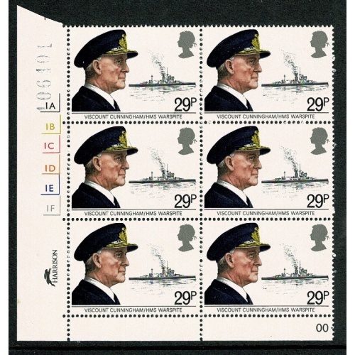1982 Maritime Heritage 29p. Cyl. 1A 1B 1C 1D 1E 1F  No Dot block of six SG 1191