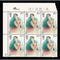 1982 British Theatre 15½p Cyl. 1A 1B 2C 1D 1E 1F dot block of six.  SG1183