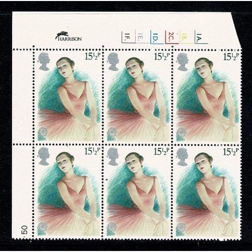 1982 British Theatre 15½p Cyl. 1A 1B 2C 1D 1E 1F dot block of six.  SG1183
