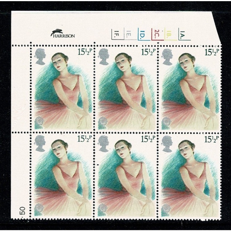 1982 British Theatre 15½p Cyl. 1A 1B 2C 1D 1E 1F dot block of six.  SG1183