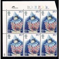 1982 British Theatre 19½p Cyl. 1A 1B 2C 2D 1E 1F dot block of six.  SG1184