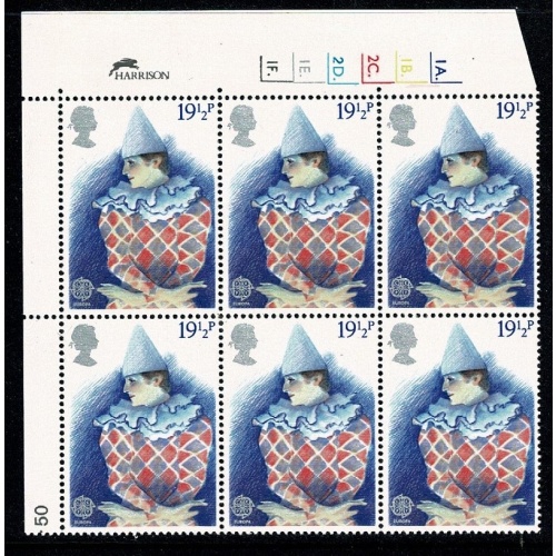 1982 British Theatre 19½p Cyl. 1A 1B 2C 2D 1E 1F dot block of six.  SG1184