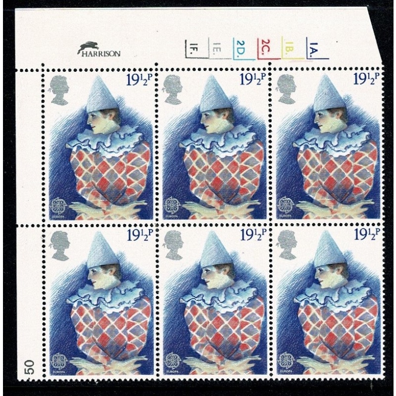 1982 British Theatre 19½p Cyl. 1A 1B 2C 2D 1E 1F dot block of six.  SG1184