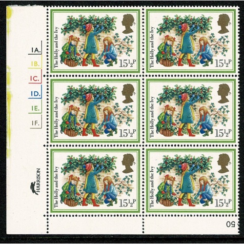 1982 Christmas 15½p. Cylinder 1A1B1C1D1E1E dot block of six. FBO