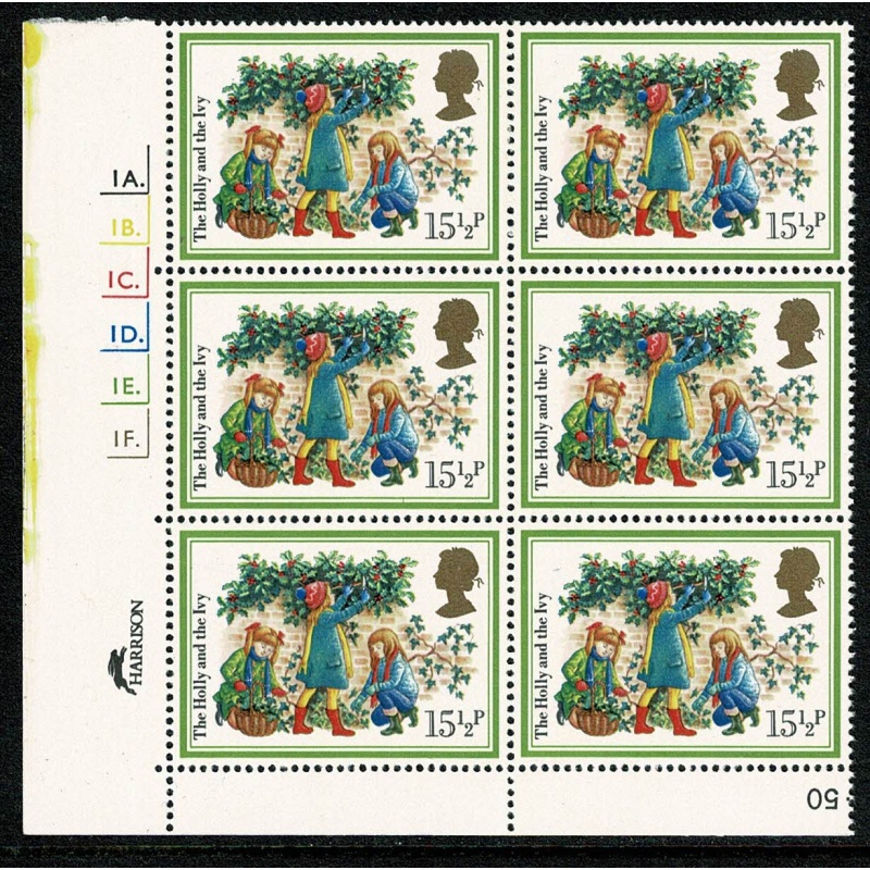 1982 Christmas 15½p. Cylinder 1A1B1C1D1E1E dot block of six. FBO