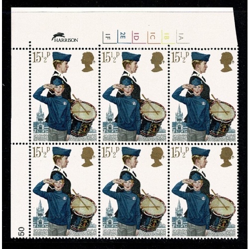 1982 Youth Organisations 15½p Cyl. 1A 1B 1C 1D 2E 1F no dot block of six. SG 1179