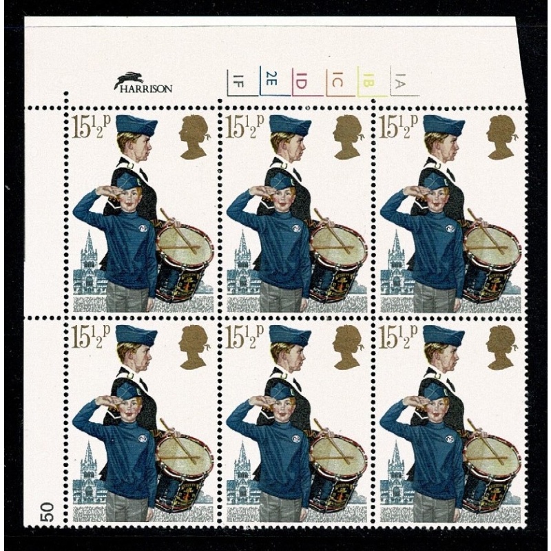 1982 Youth Organisations 15½p Cyl. 1A 1B 1C 1D 2E 1F no dot block of six. SG 1179