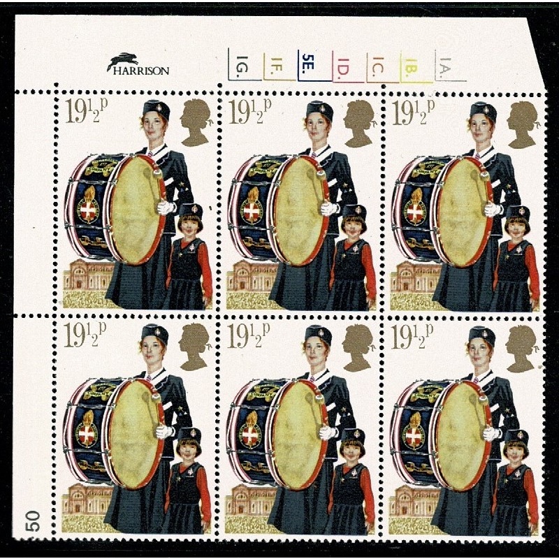 1982 Youth Organisations 19½p Cyl. 1A 1B 1C 1D 5E 1F 1G dot block of six. SG 1180