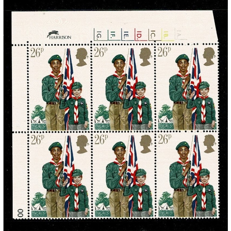 1982 Youth Organisations 26p Cyl. 1A 1B 1C 1D 5E 1F 1G dot block of six. SG 1181