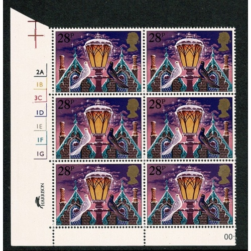 1983 Christmas 28p. Cyl. 2A 1B 3C 1D 1E 1F 1G No Dot block of six SG 1234