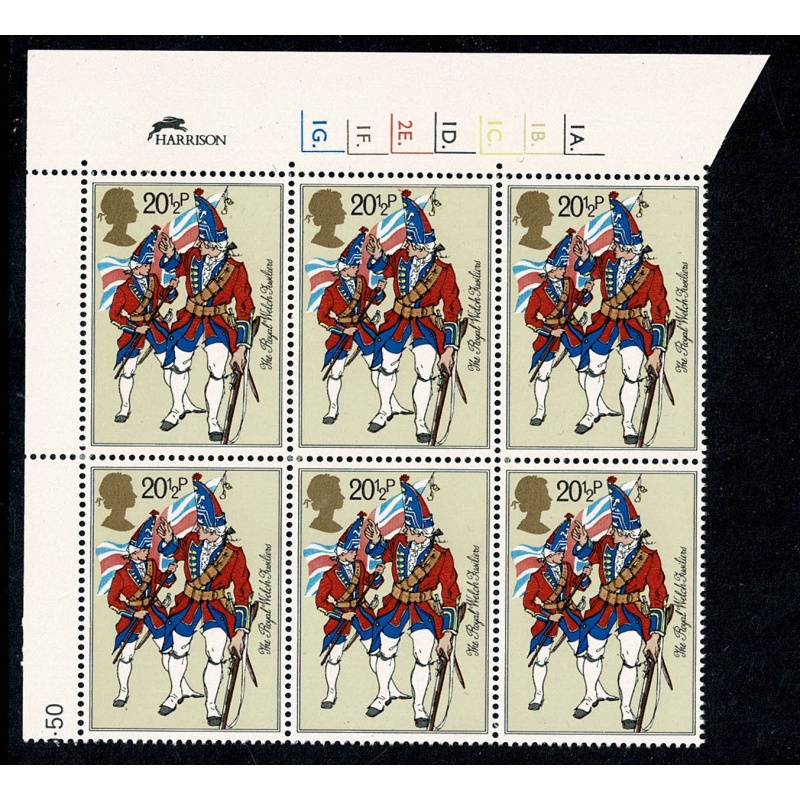 1983 Army Unifiorms 20½p Cyl. 1A 1B 1C 1D 2E 1F 1G  dot block of six.