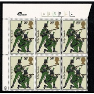 1983 Army Uniforms 28p. Cyl. 1A 1B 1C 1D 2E 1F dot block of six. SG 1220